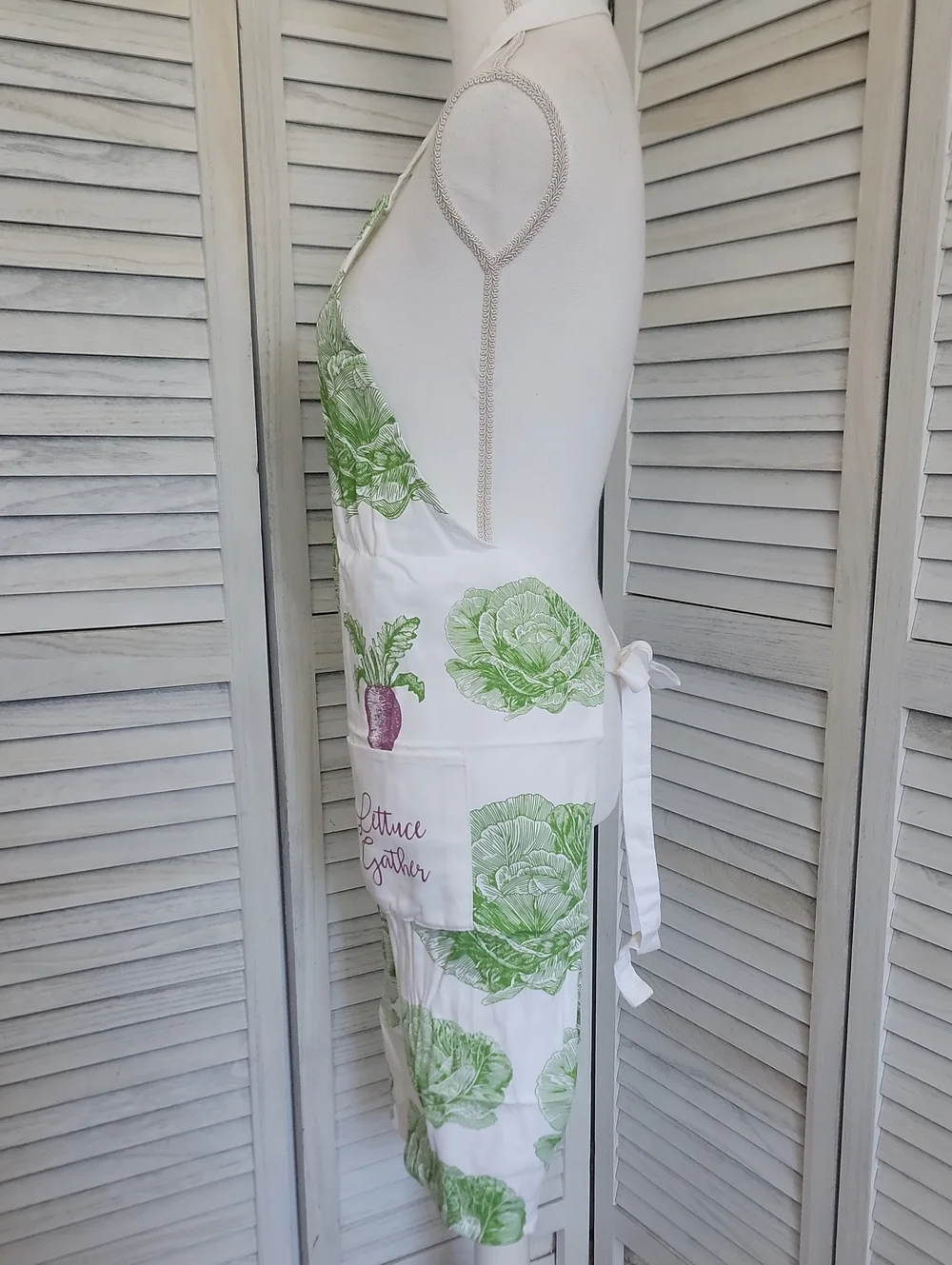 White Garden Inspired Kitchen Apron with Green Lettuce Print - 